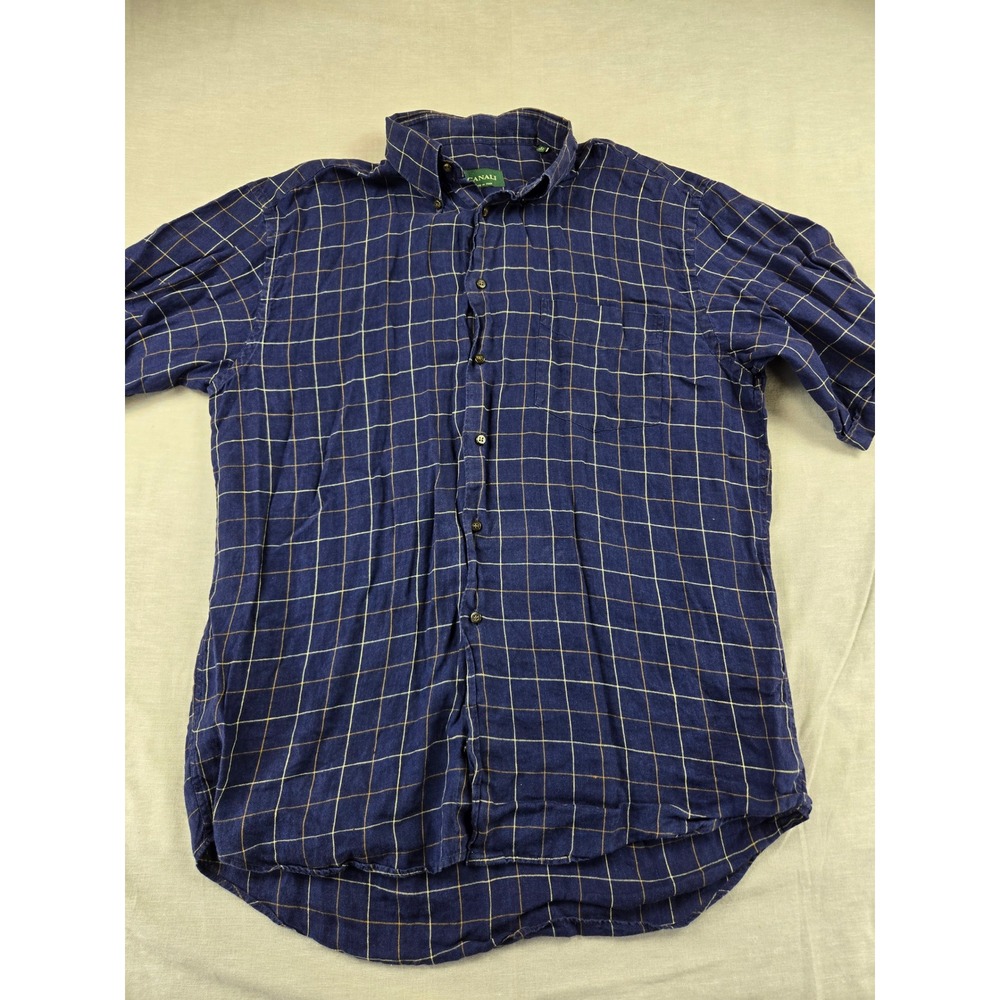 Canali Mens Navy Blue Windowpane Check Short Sleeve Button Down Shirt Size 16.5